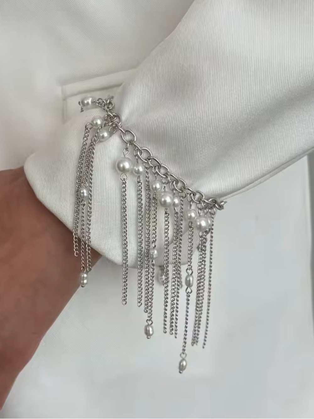 Silver Pearl Fringe Chain Bracelet - Women Jewelry 2pcs